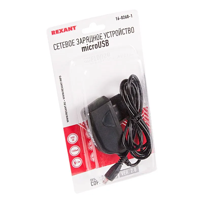 Сетевое зарядное устройство microUSB 220 В (СЗУ) (5 V, max: 1500 mA) шнур 1.2 м черное REXANT - Фото 2