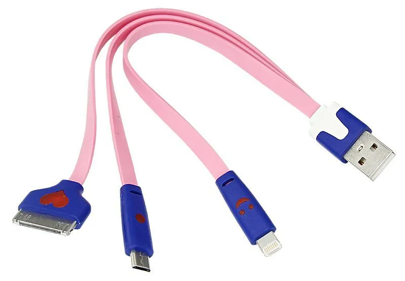 Кабель USB 3в1 Lightning, 30pin, micro USB, 1А, 0,15м, ПВХ, розовый, плоский, светящиеся разъемы REXANT 18-4251