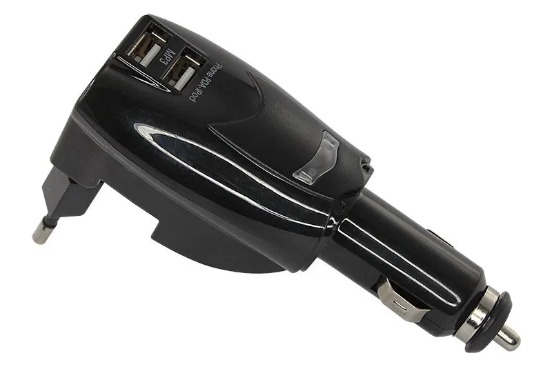 Универсальное ЗУ-трансформер авто+сетевое 2 USB цвет черный (2х1000 mA)c индикатором, блистер