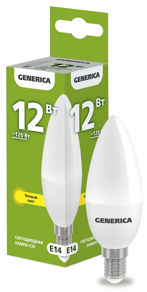 Лампа светодиодная C35 свеча 12Вт 230В 3000К E14 GENERICA LL-C35-12-230-30-E14-G