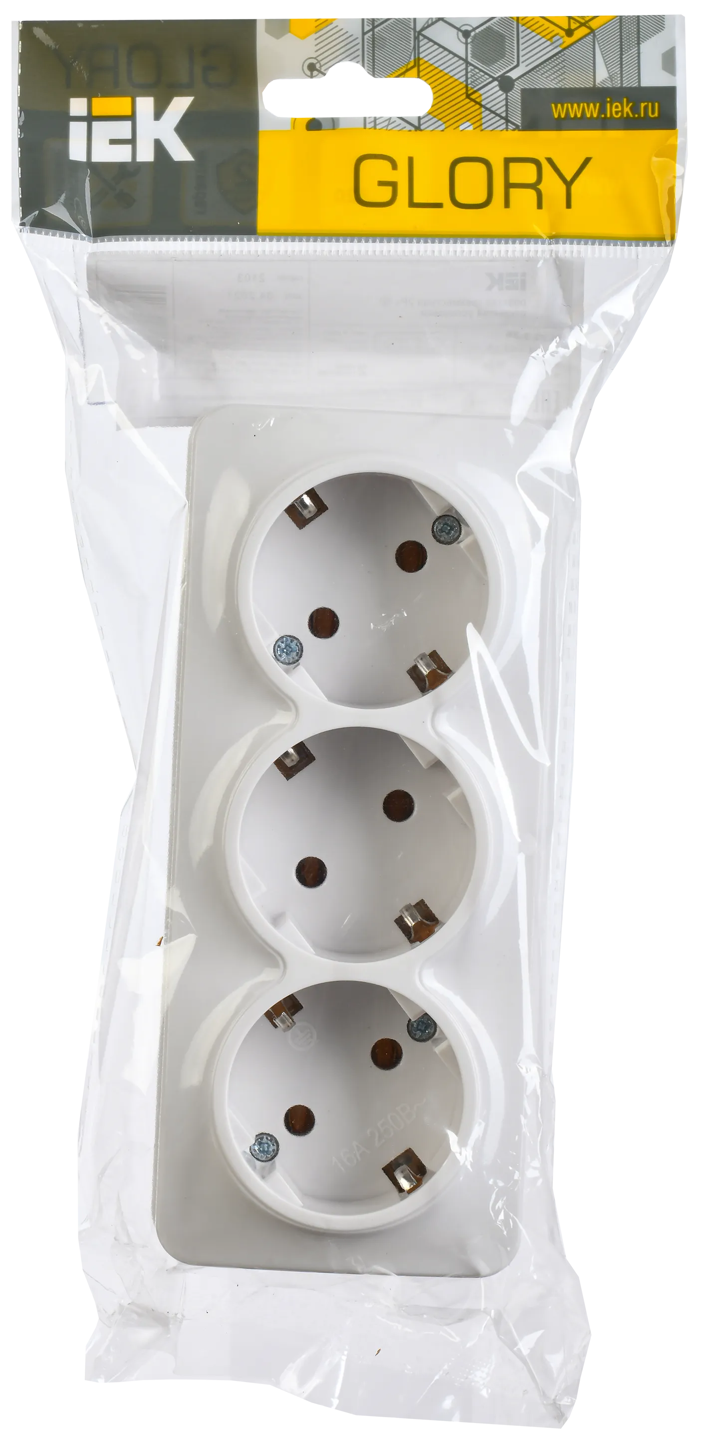 GLORY Розетка 3-местная для открытой установки с заземлением без защитных шторок 16А РС23-3-ХБ белый IEK - Фото 2