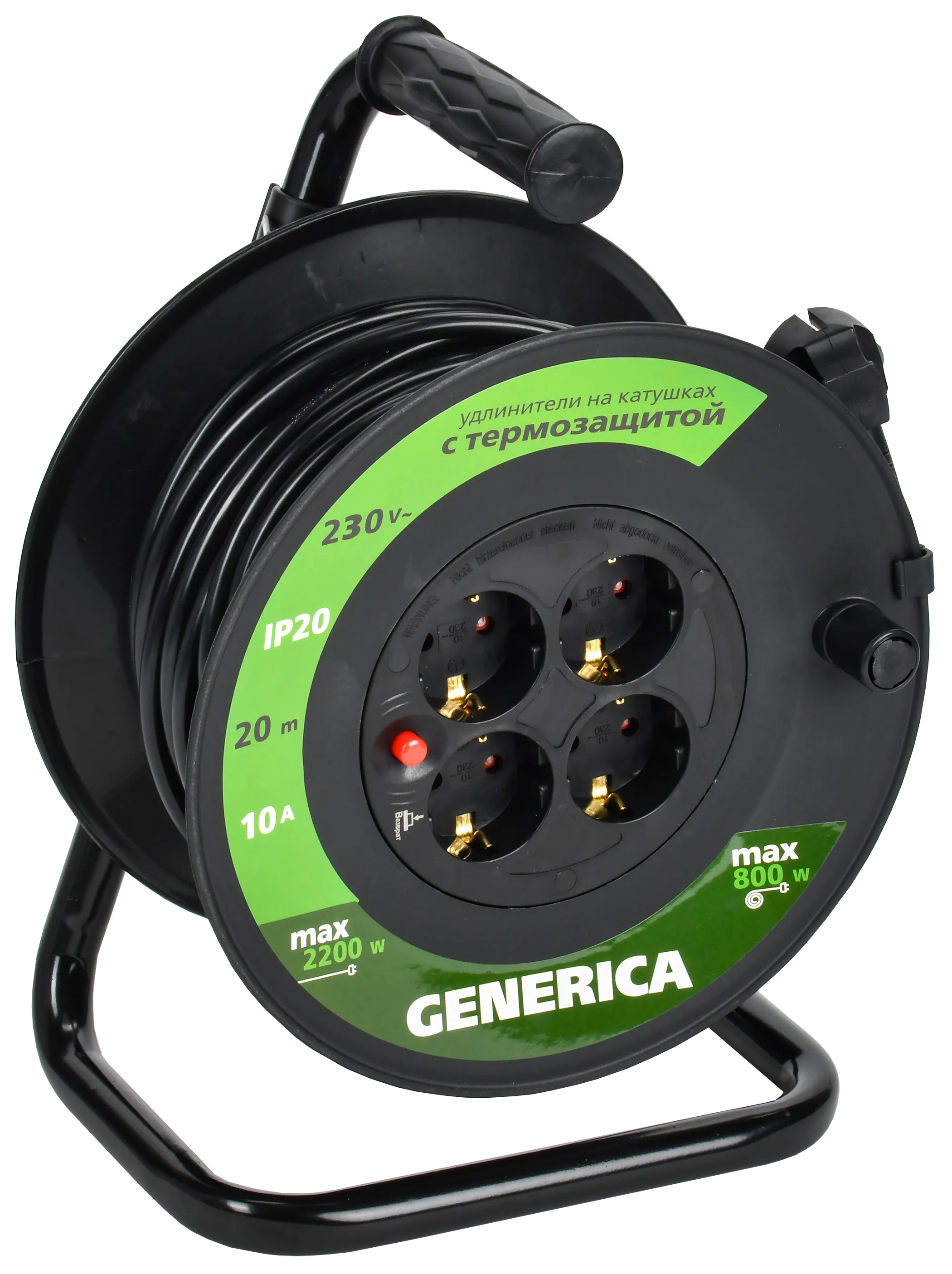 Катушка УК20 с термозащитой 4 места 2P+PE/20м 3х1,0мм2 GENERICA - Фото 2