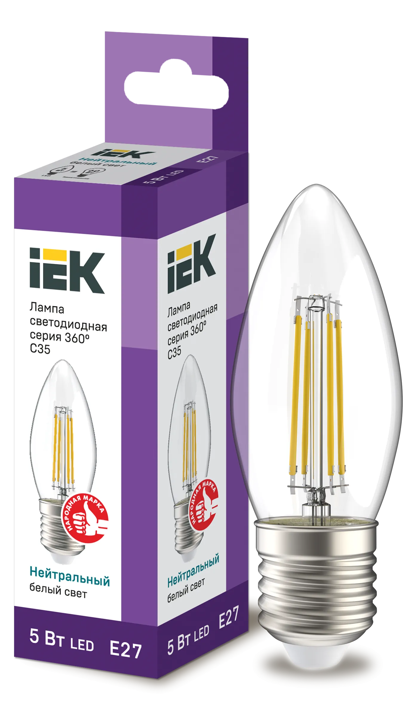 Лампа светодиодная C35 свеча прозрачная 5Вт 230В 4000К E27 серия 360° IEK LLF-C35-5-230-40-E27-CL