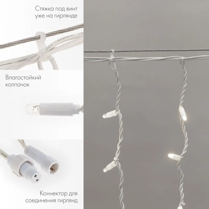 Гирлянда светодиодная Бахрома (Айсикл) 4,0х0,6м 128 LED БЕЛЫЙ белый каучук, 3,3мм IP67 эффект мерцания 230В нужен блок 315-001 NEON-NIGHT - Фото 2