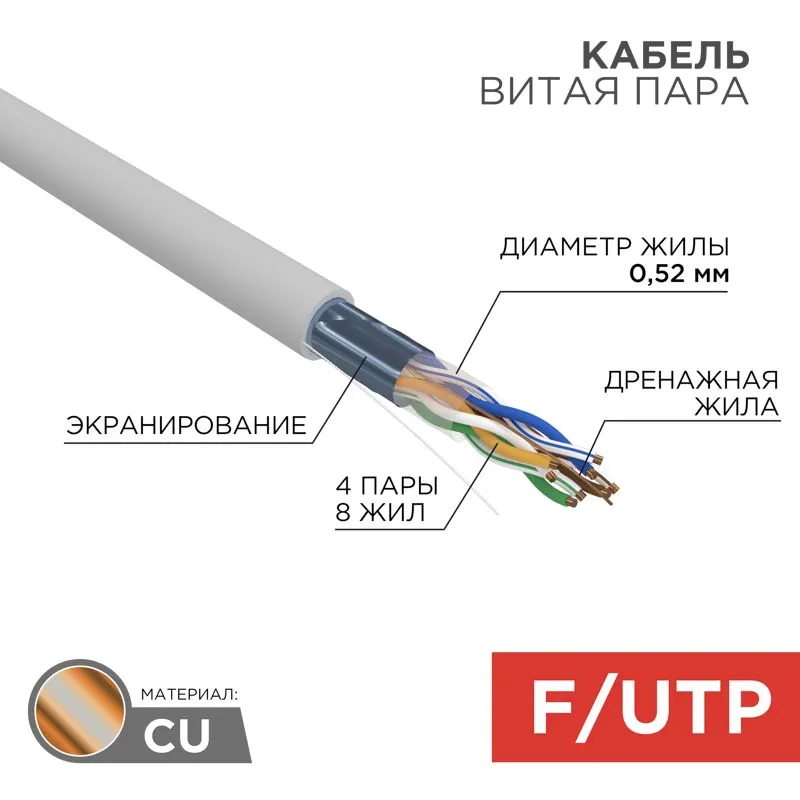 Кабель витая пара, F/UTP, CAT 5e, ZH нг(А)-HF, 4х2х0,52мм, 24AWG, INDOOR, SOLID, серый, 305м REXANT PRO