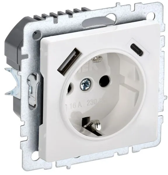 BRITE Розетка 1-местная с заземлением с защитными шторками 16А с USB A+C 18Вт РЮш11-1-БрБ белый IEK BR-R14-16-U22-018-K01