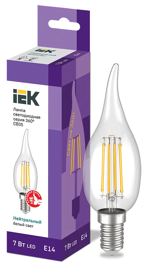Лампа светодиодная CВ35 свеча на ветру прозрачная 7Вт 230В 4000К E14 серия 360° IEK LLF-CB35-7-230-40-E14-CL
