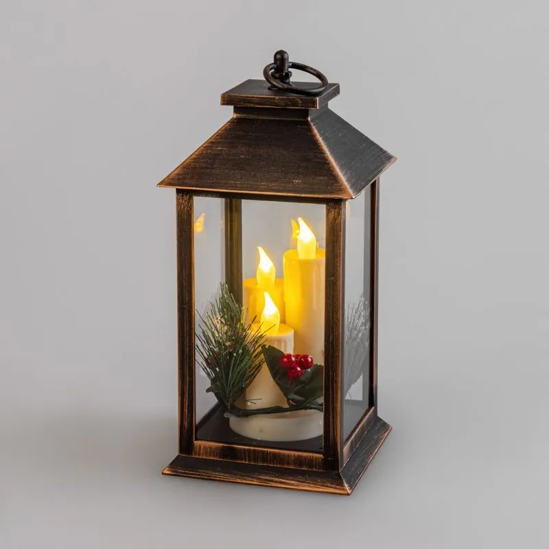 Декоративный фонарь со свечкой и шишкой, бронзовый корпус, размер 14x14x27 см, цвет теплый белый