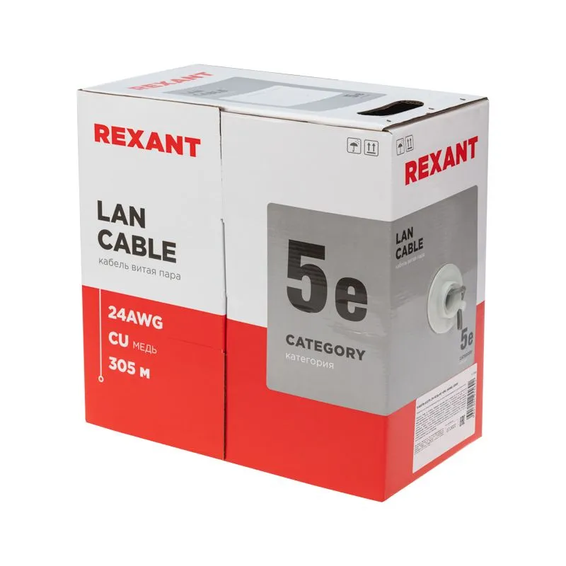 Кабель витая пара U/UTP, CAT 5e, ZH нг(А)-HF, 4PR, 24AWG, INDOOR, SOLID, серый, 305м REXANT - Фото 2