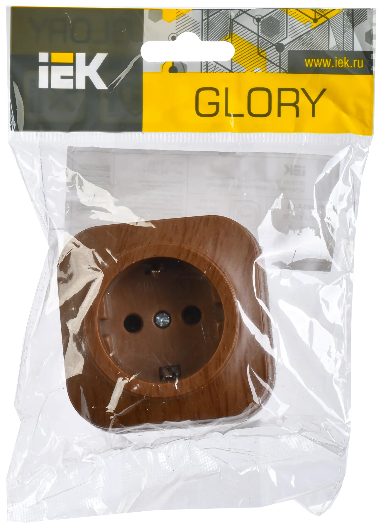 GLORY Розетка 1-местная для открытой установки с заземлением без защитных шторок 16А РС20-3-ХД дуб IEK - Фото 2