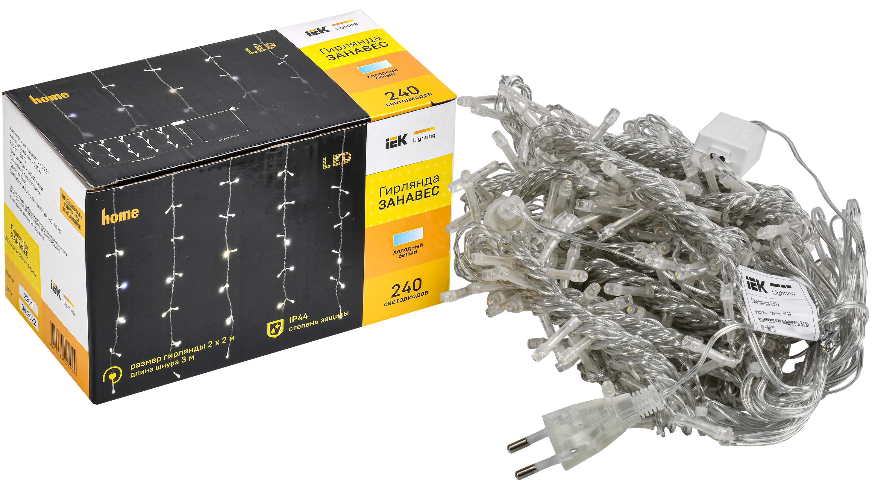 LIGHTING Гирлянда занавес 2х2м 240 светодиодов белый свет IP44 прозрачный шнур 3м 230В транзит IEK - Фото 2