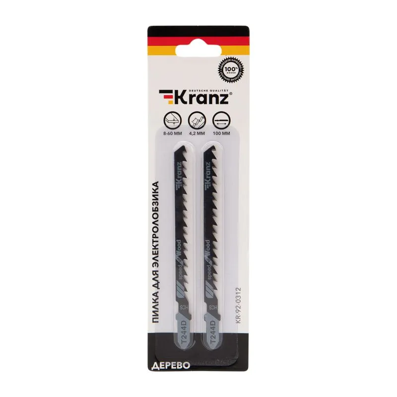 Пилка для электролобзика по дереву T244D 100 мм 6 зубьев на дюйм 8-60 мм фигурный рез (2 шт./уп.) Kranz - Фото 3
