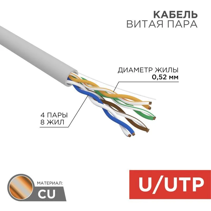 Кабель витая пара U/UTP, CAT 5e, PVC, 4х2х0,52 мм, 24AWG, INDOOR, SOLID, серый, 305 м REXANT PRO 02-0005