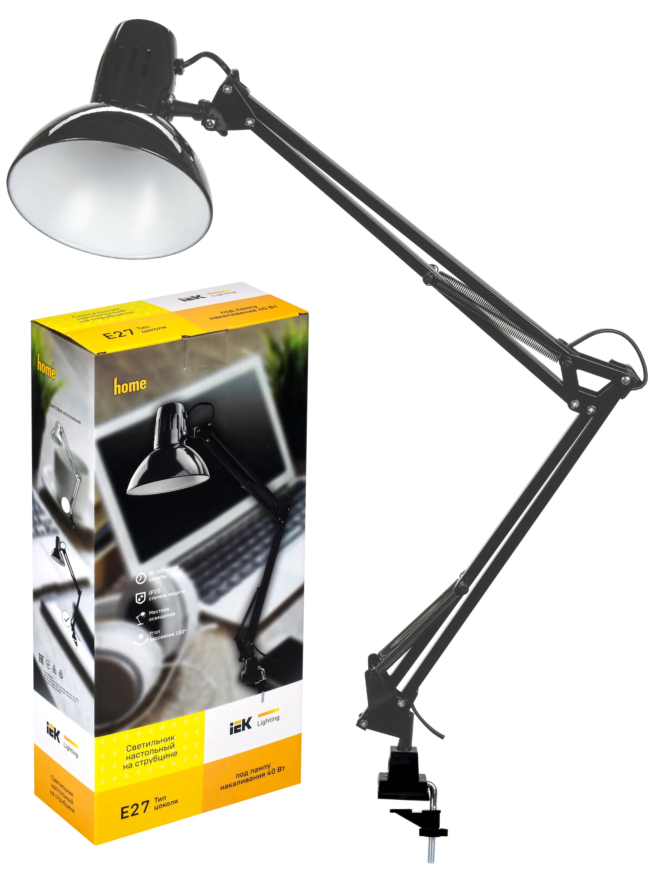 LIGHTING Светильник настольный 1014 пантограф на струбцине Е27 черный IEK - Фото 2