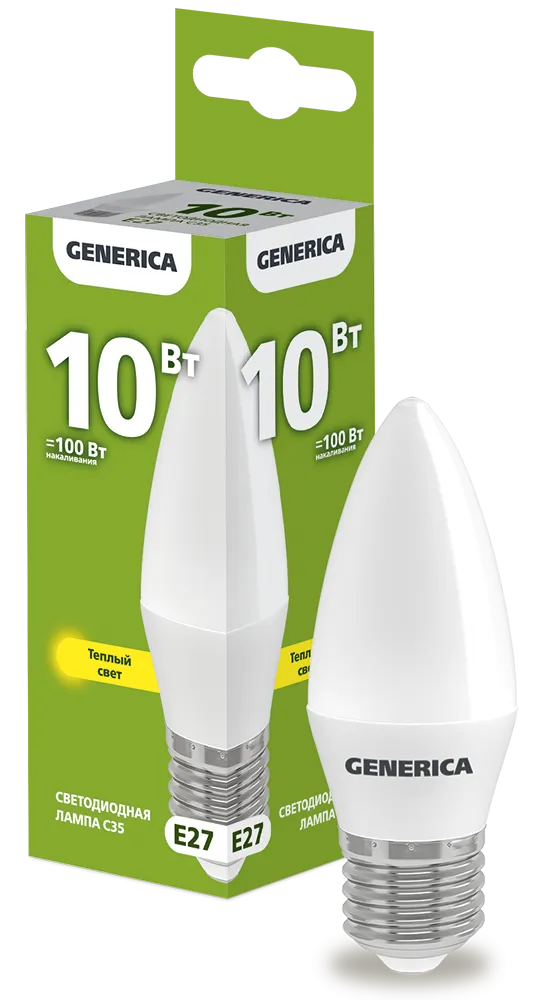 Лампа светодиодная C35 свеча 10Вт 230В 3000К E27 GENERICA