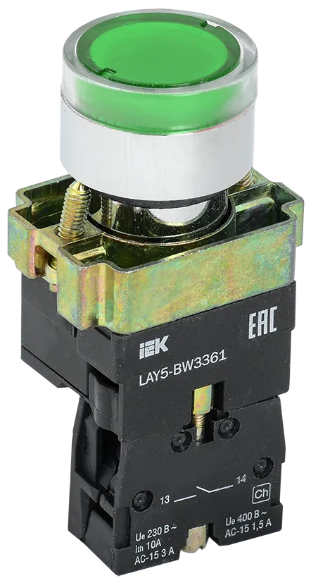 Кнопка управления LAY5-BW3361 с подсветкой зеленый 1NO IEK