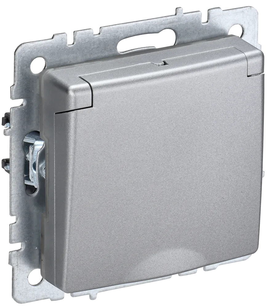 BRITE Розетка 1-местная с заземлением с защитными шторками и крышкой 16А IP20 РСбш10-3-БрА алюминий IEK BR-R16-16-K47