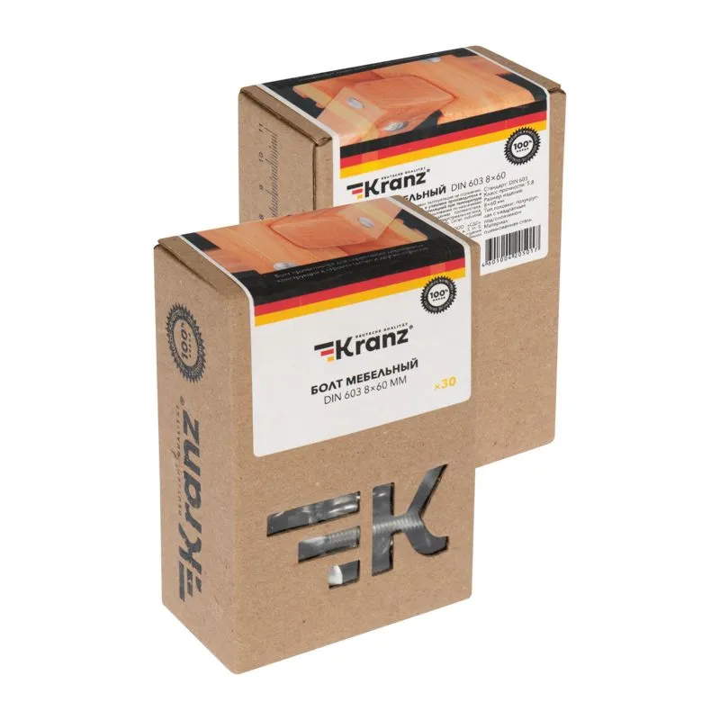 Болт мебельный KRANZ DIN 603, 8х60, короб (30 шт./уп.) - Фото 3
