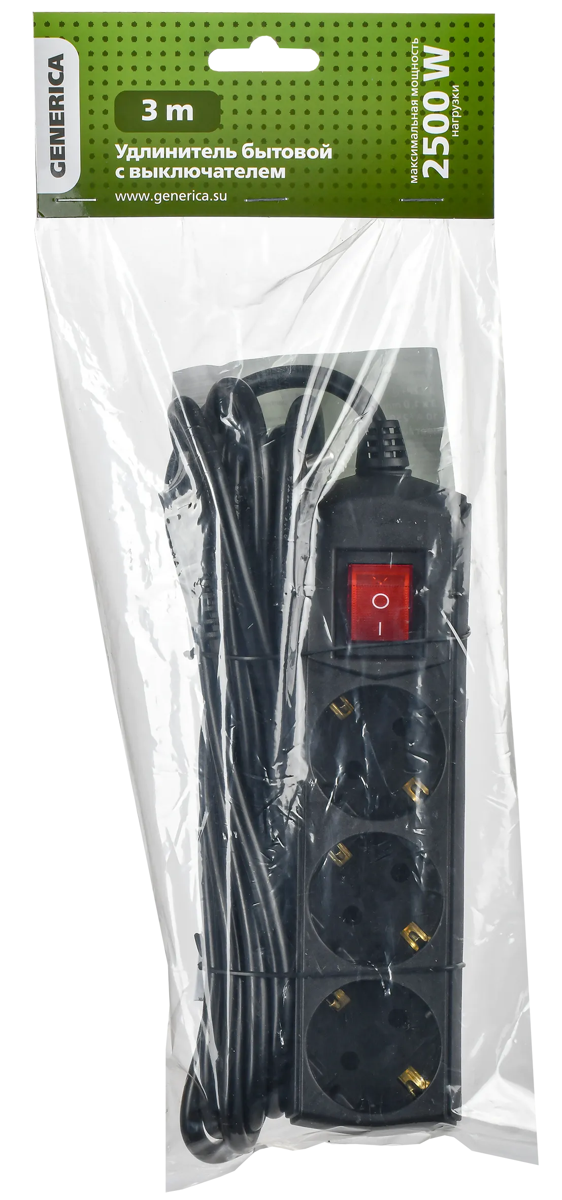 Удлинитель У03В 3 места с заземлением 3м 3х1мм2 10А/250В черный GENERICA - Фото 2