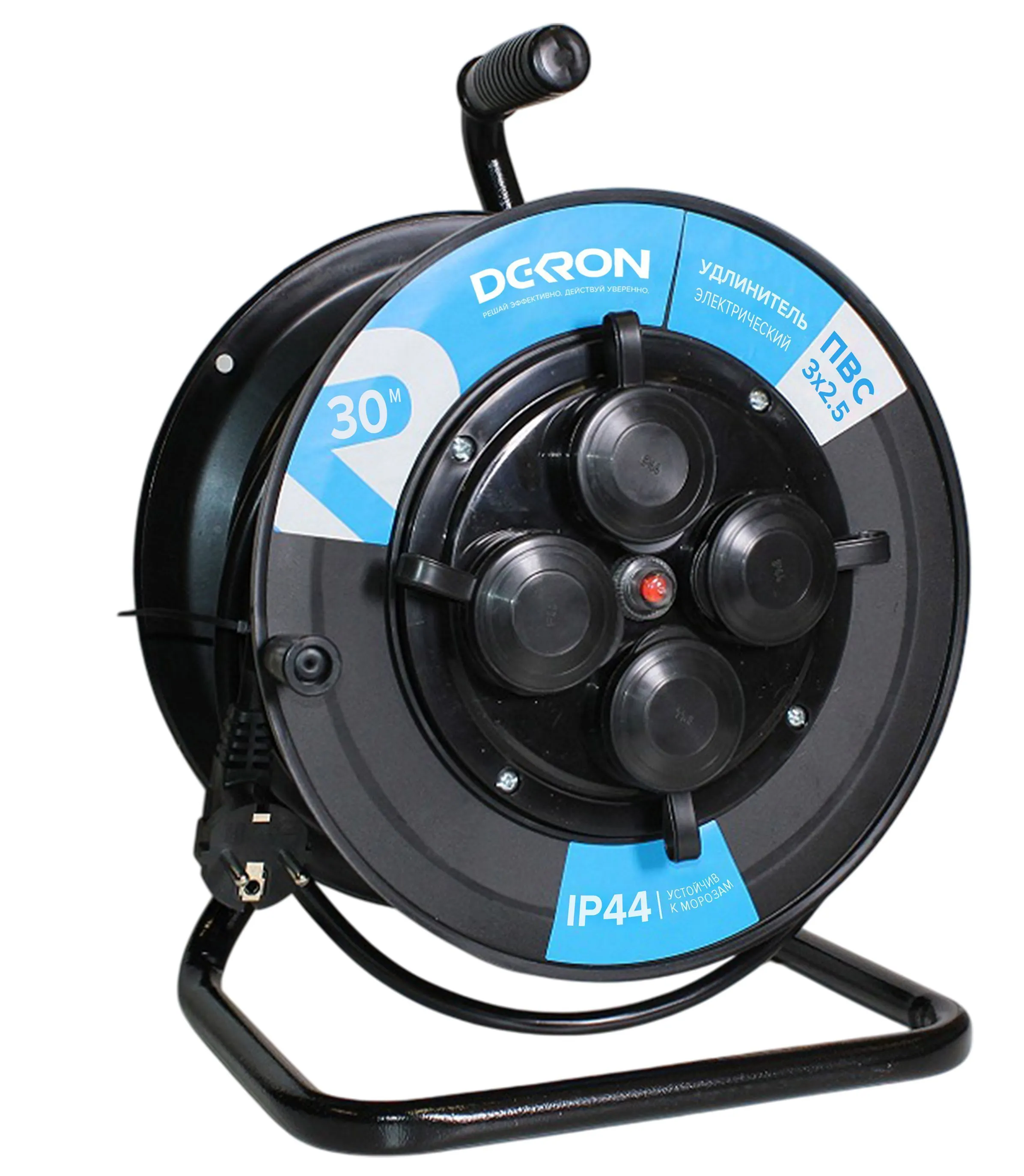 Удлинитель УКП-44 силовой на катушке 4 гн. ПВС 3х2,5 IP44 с/з 30м с автоматом защиты (катушка пластик) 16А 3500Вт