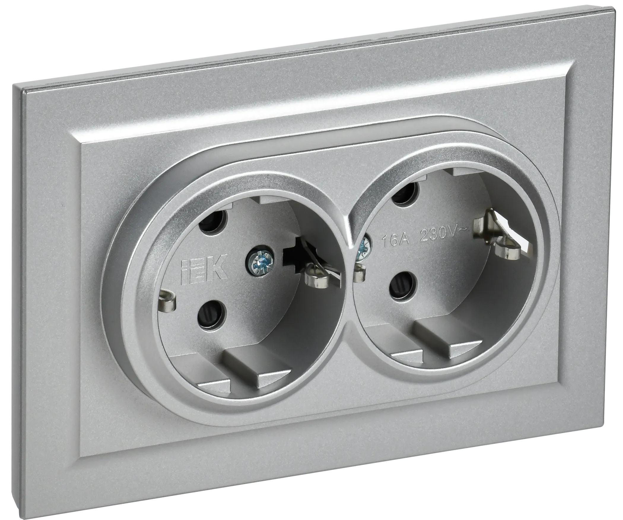 BRITE Розетка 2-местная с заземлением с защитными шторками 16А в сборе РСш12-3-БрА алюминий IEK BR-R24-16-K47-F