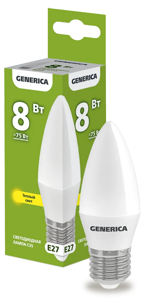 Лампа светодиодная C35 свеча 8Вт 230В 3000К E27 GENERICA