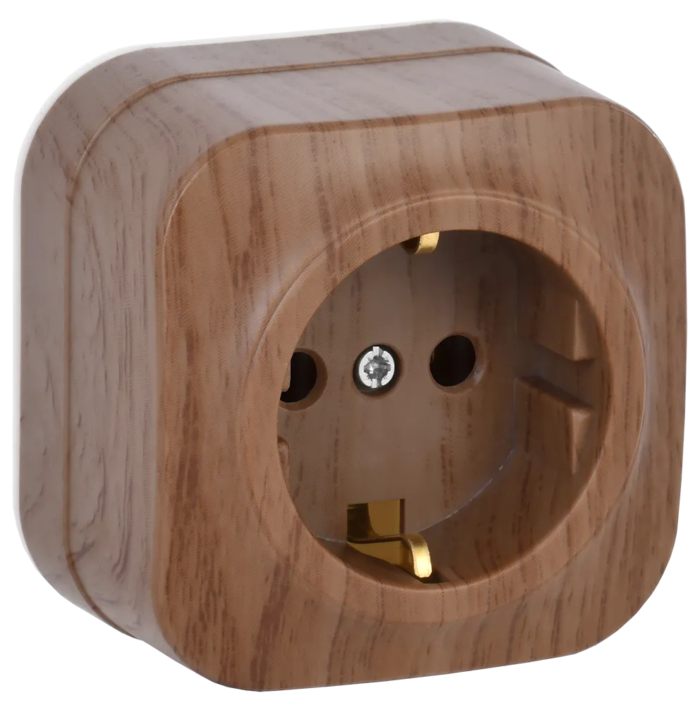 GLORY Розетка 1-местная для открытой установки с заземлением без защитных шторок 16А РС20-3-ХД дуб IEK ERH11-K24-16