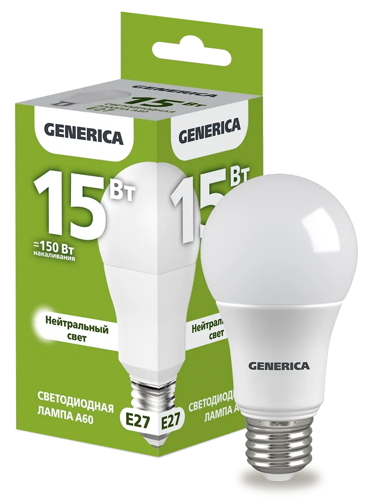 Лампа светодиодная A60 груша 15Вт 230В 4000К E27 GENERICA