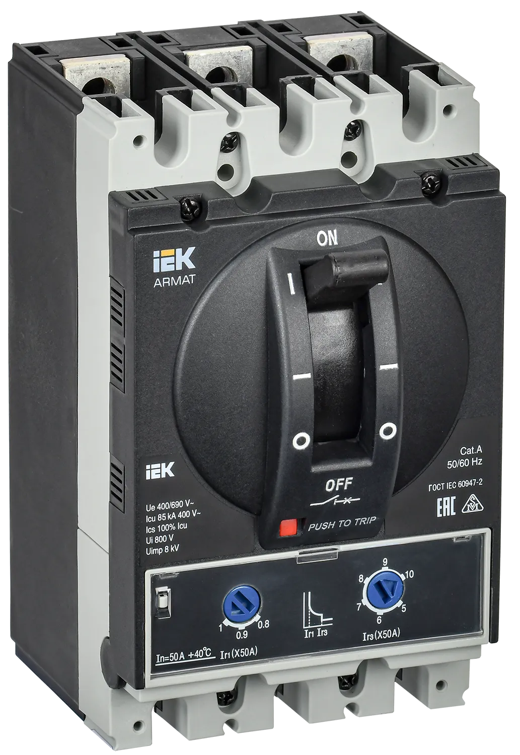 ARMAT Автоматический выключатель в литом корпусе 3P типоразмер A 85кА 50А расцепитель термомагнитный регулируемый IEK
