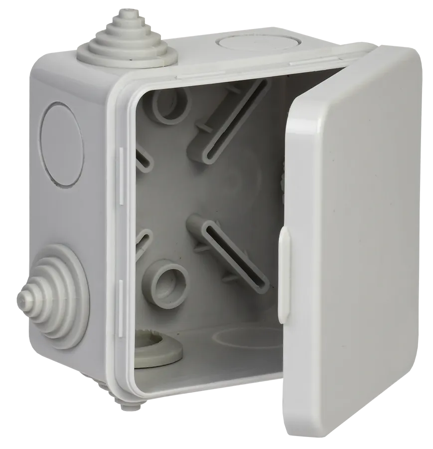 Коробка распаячная для о/п 80х80х50мм IP54 с откидной крышкой КМ41238 безгалогенная (HF) 7 гермовводов серая IEK