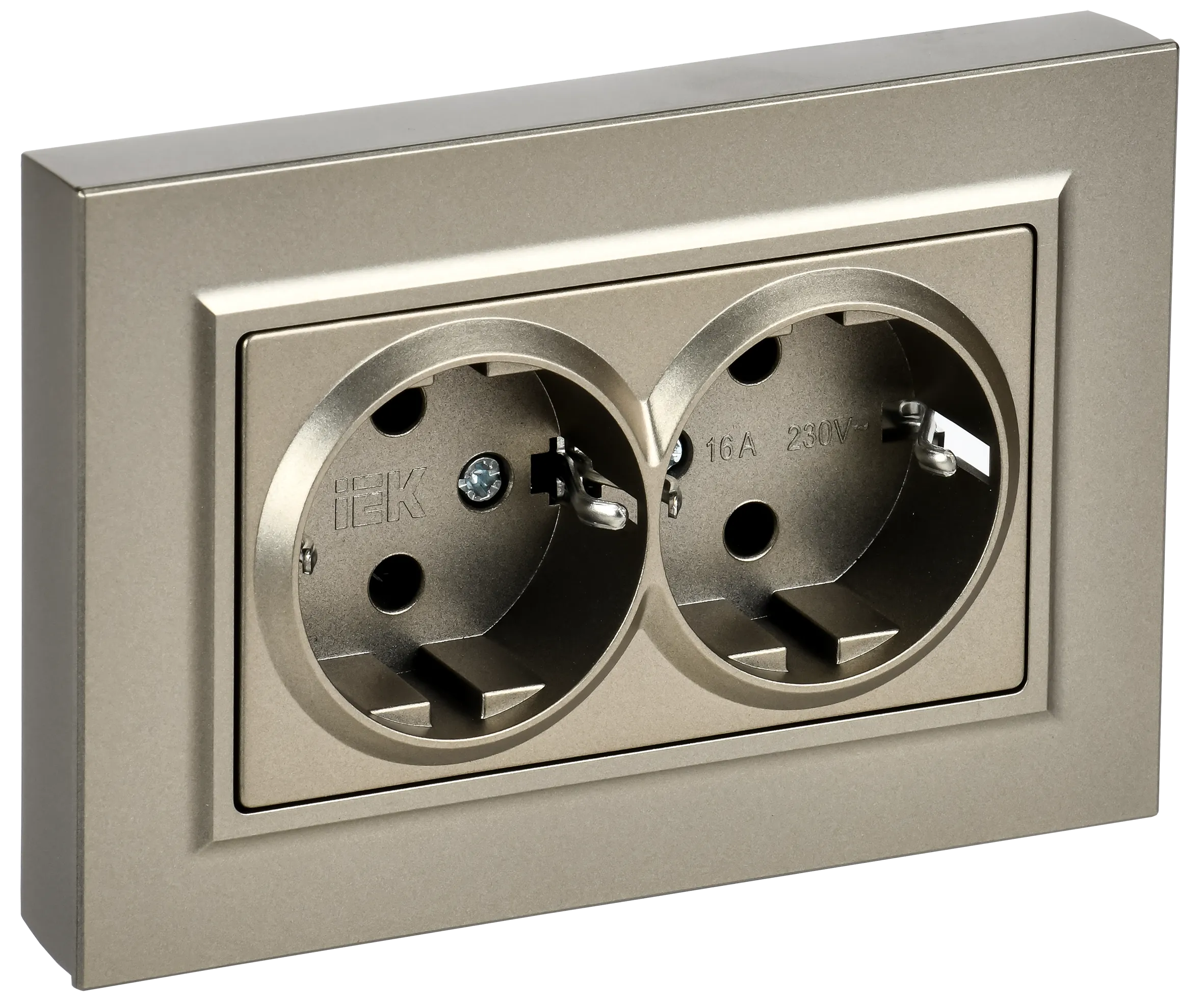 BRITE Розетка 2-местная с заземлением без защитных шторок плоская 16А в сборе РСПл12-3-БрШ шампань IEK