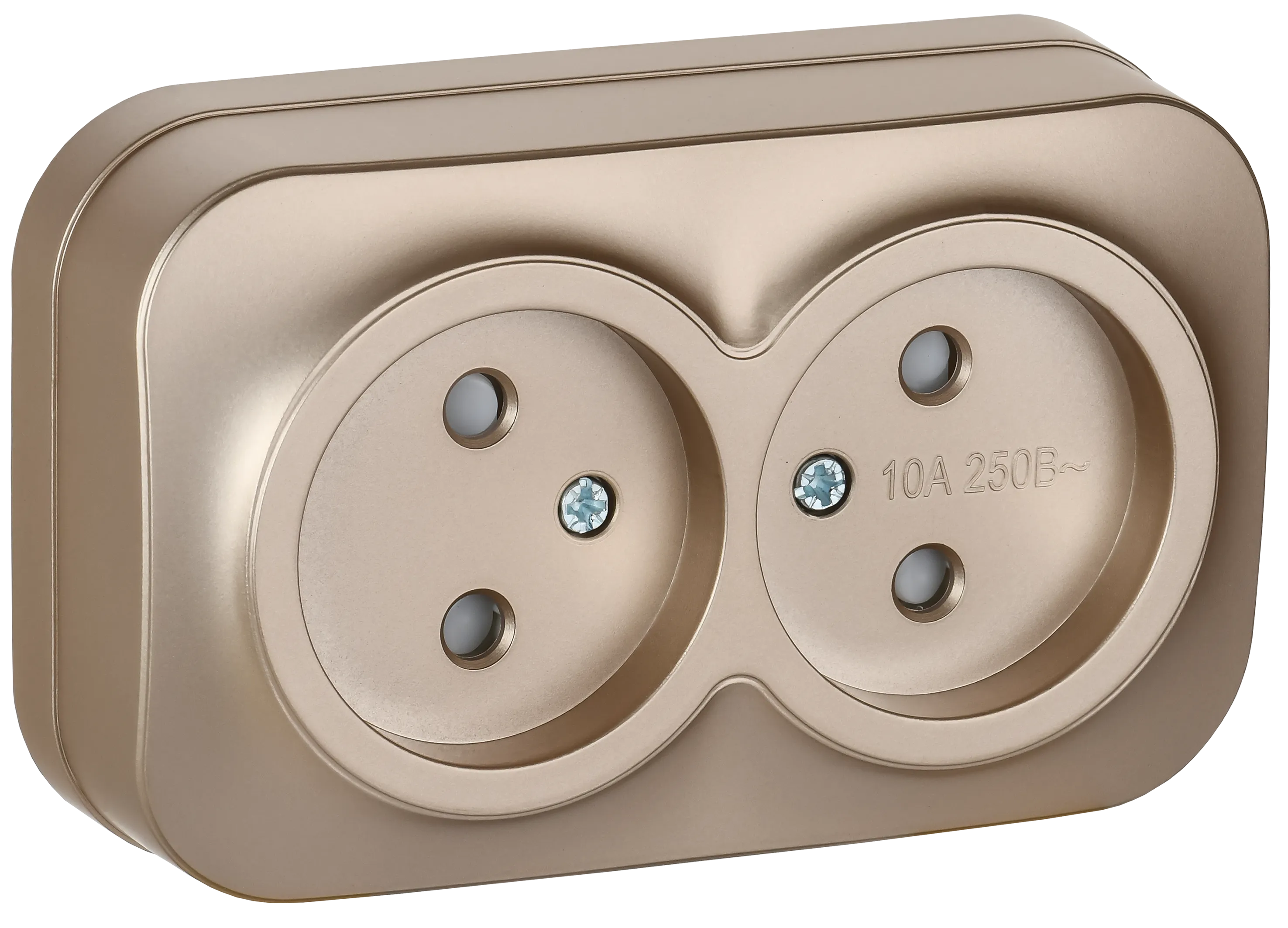 GLORY Розетка 2-местная для открытой установки без заземления с защитными шторками 10А РСш22-2-ХШм шампань матовый IEK ERH23-K37M-10
