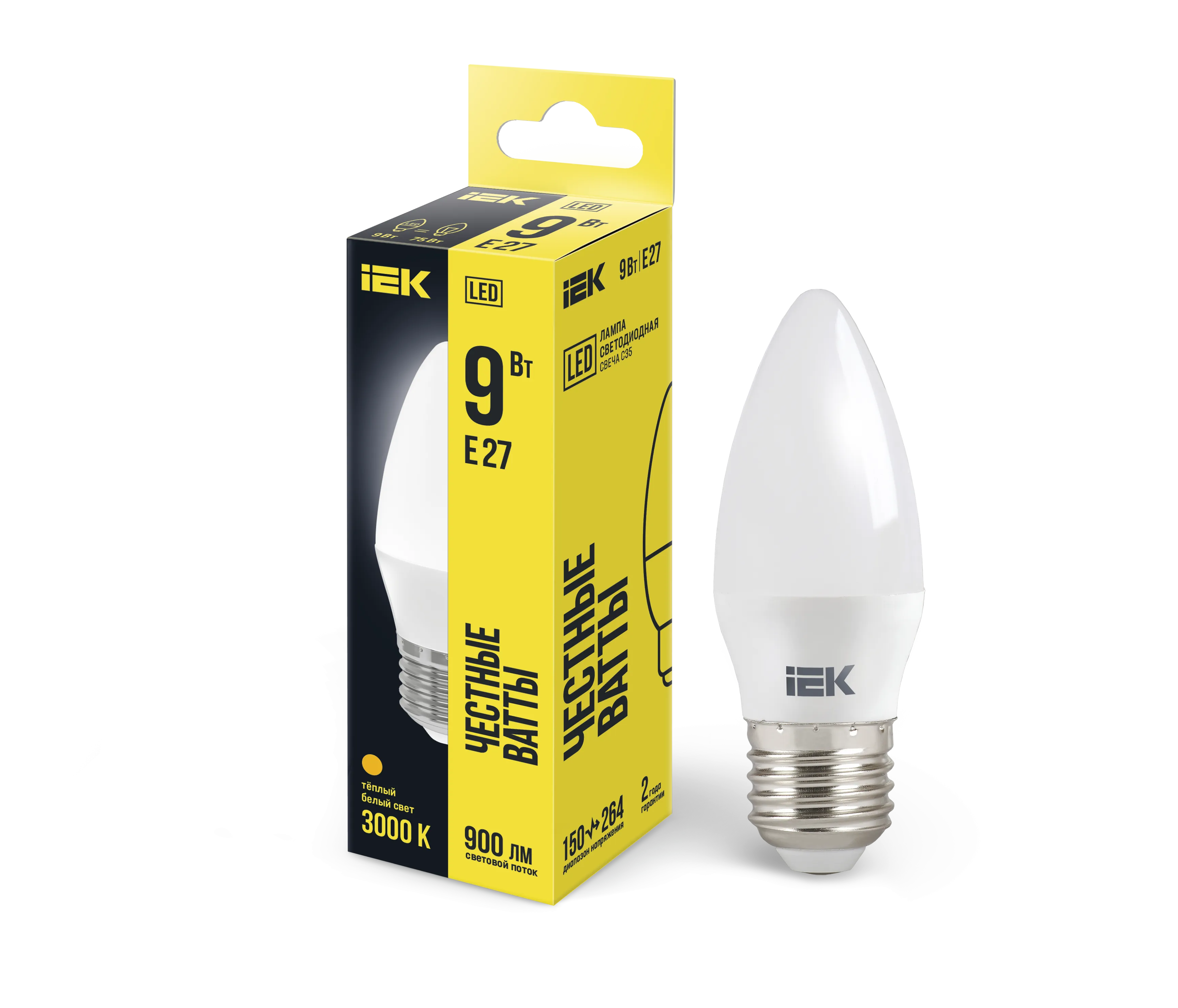Лампа светодиодная C35 свеча 9Вт 230В 3000К E27 IEK LLE-C35-9-230-30-E27