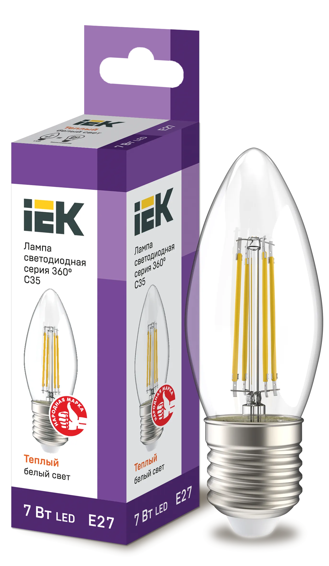 Лампа светодиодная C35 свеча прозрачная 7Вт 230В 3000К E27 серия 360° IEK LLF-C35-7-230-30-E27-CL