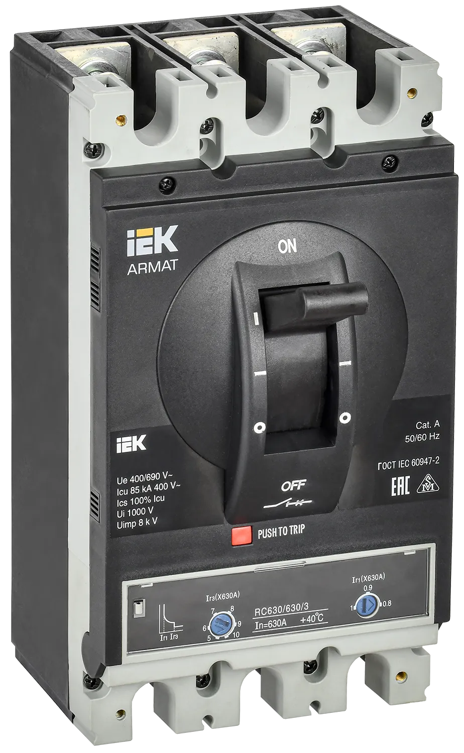 ARMAT Автоматический выключатель в литом корпусе 3P типоразмер I 85кА 630А расцепитель термомагнитный регулируемый IEK AR-MCCB-3I-085-0630A-ATUC