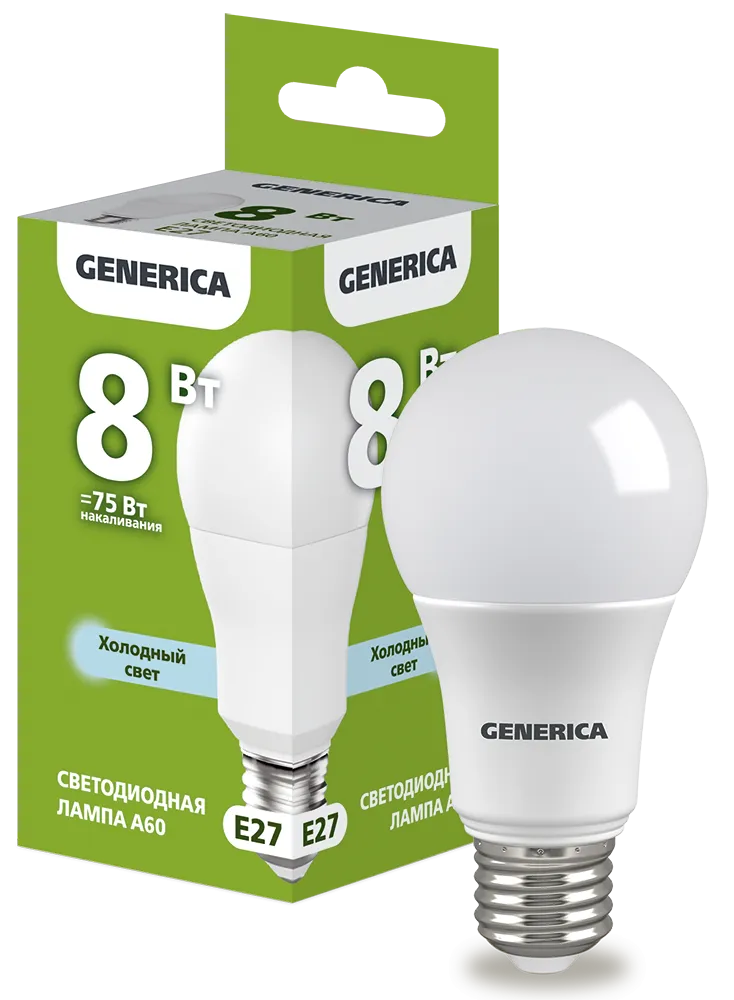 Лампа светодиодная A60 груша 8Вт 230В 6500К E27 GENERICA