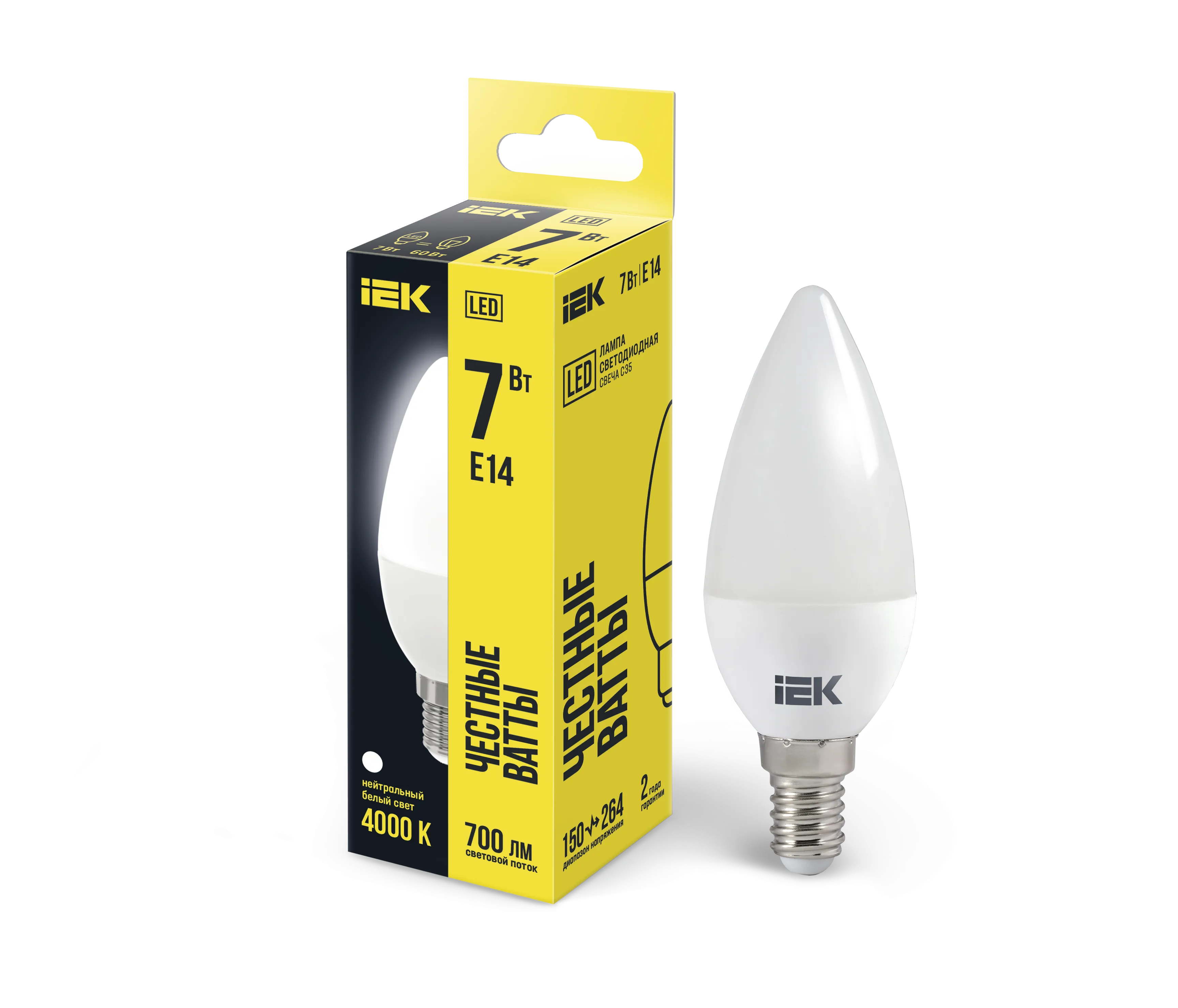 Лампа светодиодная C35 свеча 7Вт 230В 4000К E14 IEK LLE-C35-7-230-40-E14