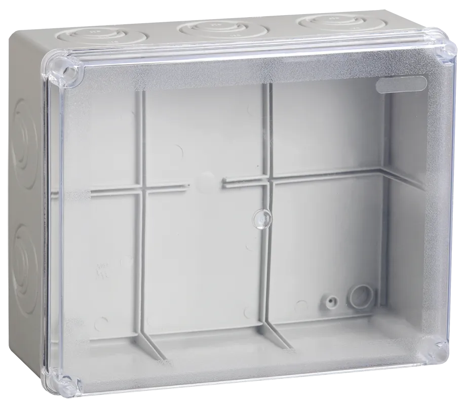 Коробка распаячная КМ41276 для открытой проводки безгалогенная (HF) 240х195х90мм с прозрачной крышкой IP55 5 вводов RAL 7035 IEK