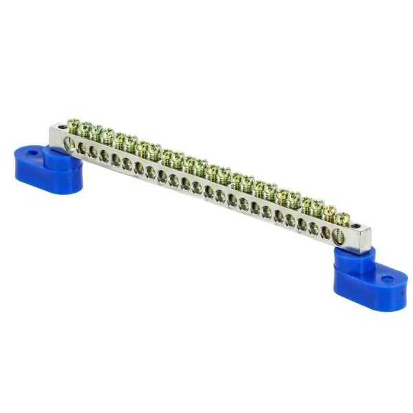 Шина "0" N (6x9мм) 24 отв. цинк 2 синих угловых изолятора EKF