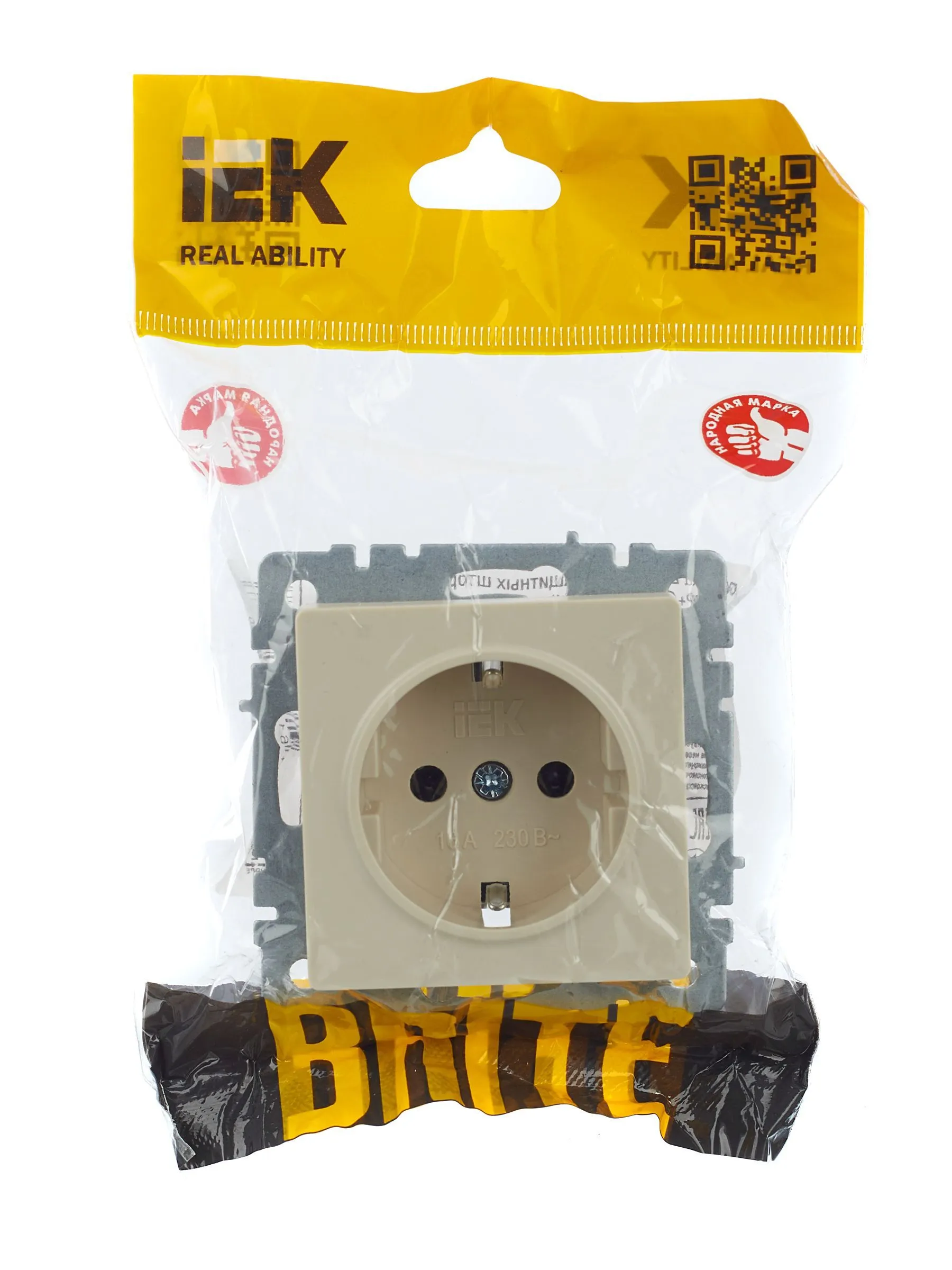 BRITE Розетка 1-местная с заземлением без защитных шторок 16А РС11-1-0-БрКр бежевый IEK - Фото 2