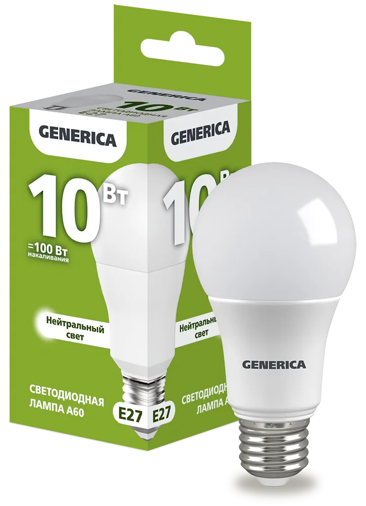 Лампа светодиодная A60 груша 10Вт 230В 4000К E27 GENERICA