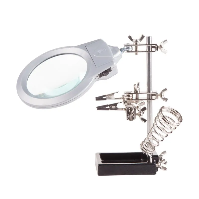 Держатель Третья рука, 2 зажима, лупа 85мм (2.5х), подставка паяльника, LED подсветка, чугун REXANT - Фото 5