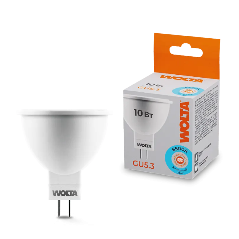 Лампа светодиодная WOLTA GU5.3 MR16 10Вт 825лм 6500К (50шт/уп) 25WMR16-220-10GU5.3