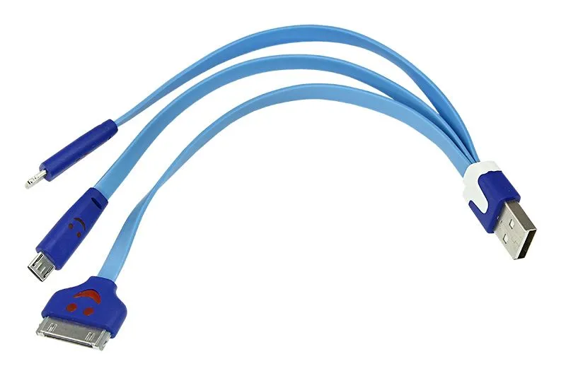 Кабель USB 3в1 Lightning, 30pin, micro USB, 1А, 0,15м, ПВХ, синий, плоский, светящиеся разъемы REXANT 18-4255