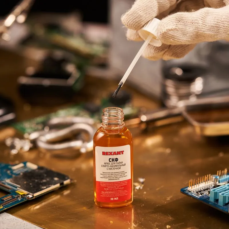 Флюс для пайки, СКФ (спирто-канифольный), 30мл, с кисточкой, флакон, блистер REXANT - Фото 5