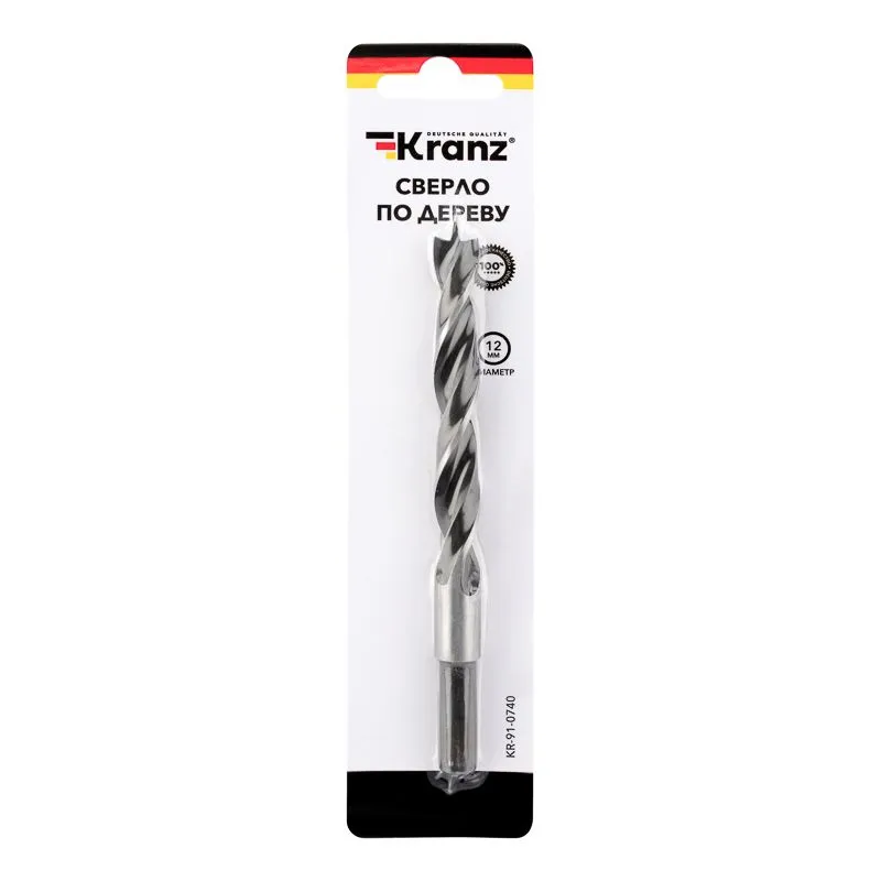 Сверло по дереву 12х150 мм, цилиндрический хвостовик Kranz - Фото 3