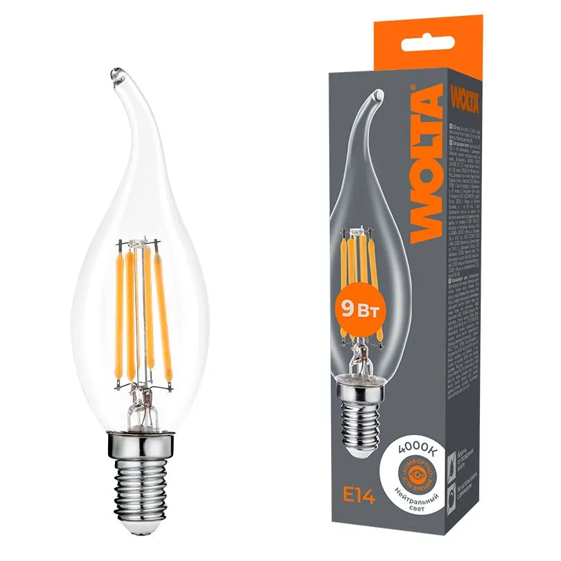 Светодиодная лампа WOLTA Filament, AC 210-240В, 50/60 Гц, прозрачное стекло, "Свеча на ветру", CT35, E14, 9 Вт, 810 лм, 4000 К, 1/10/100