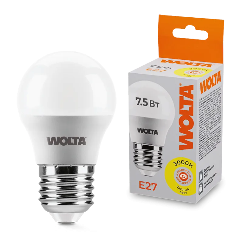 Лампа светодиодная "Шар G45" 7.5Вт 450лм 3000К Е27 (50шт/уп) WOLTA