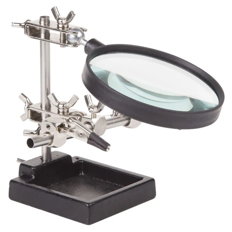 Держатель Третья рука, 2 зажима, лупа 90мм (3х), чугун REXANT 12-0254