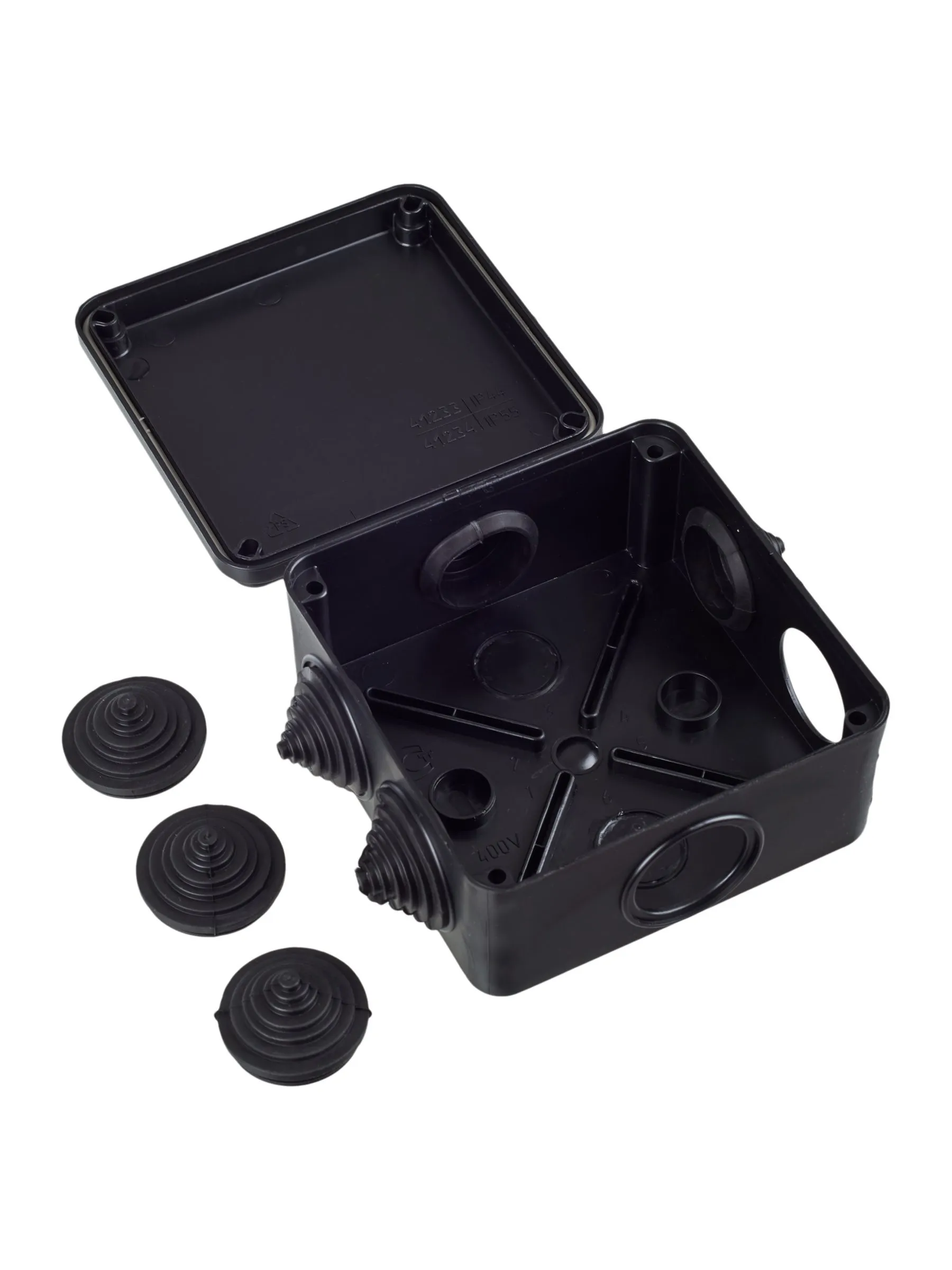 Коробка распаячная КМ41234 для открытой проводки безгалогенная (HF) 100х100х50мм IP55 6 гермовводов черная (RAL 9005) IEK - Фото 4